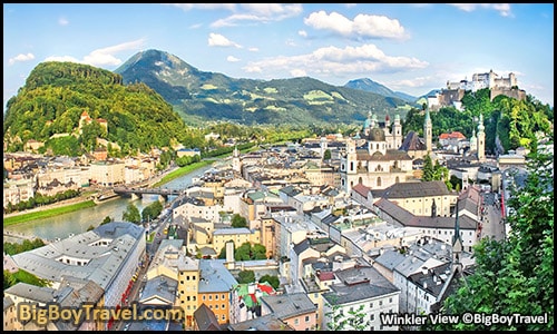 Free Salzburg Walking Tour Map Old Town do it yourself guided Altstadt - Monchsberg Hill Cliff Winkler Terrace M32 Cafe