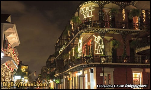 FREE New Orleans French Quarter Walking Tour Map self guided - LaBranche House peace yall christmas lights 700 Royal Street