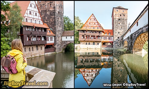 Free Old Town Nuremberg Walking Tour Map - wine depot hangmans bridge house reflecting river