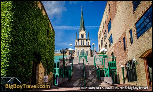 Free Minneapolis Riverfront Walking Tour Map Mill District - French Our Lady of Lourdes Catholic Church